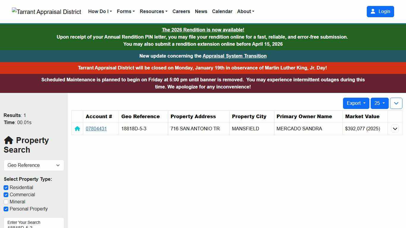 Property Search Results - Tarrant Appraisal District
